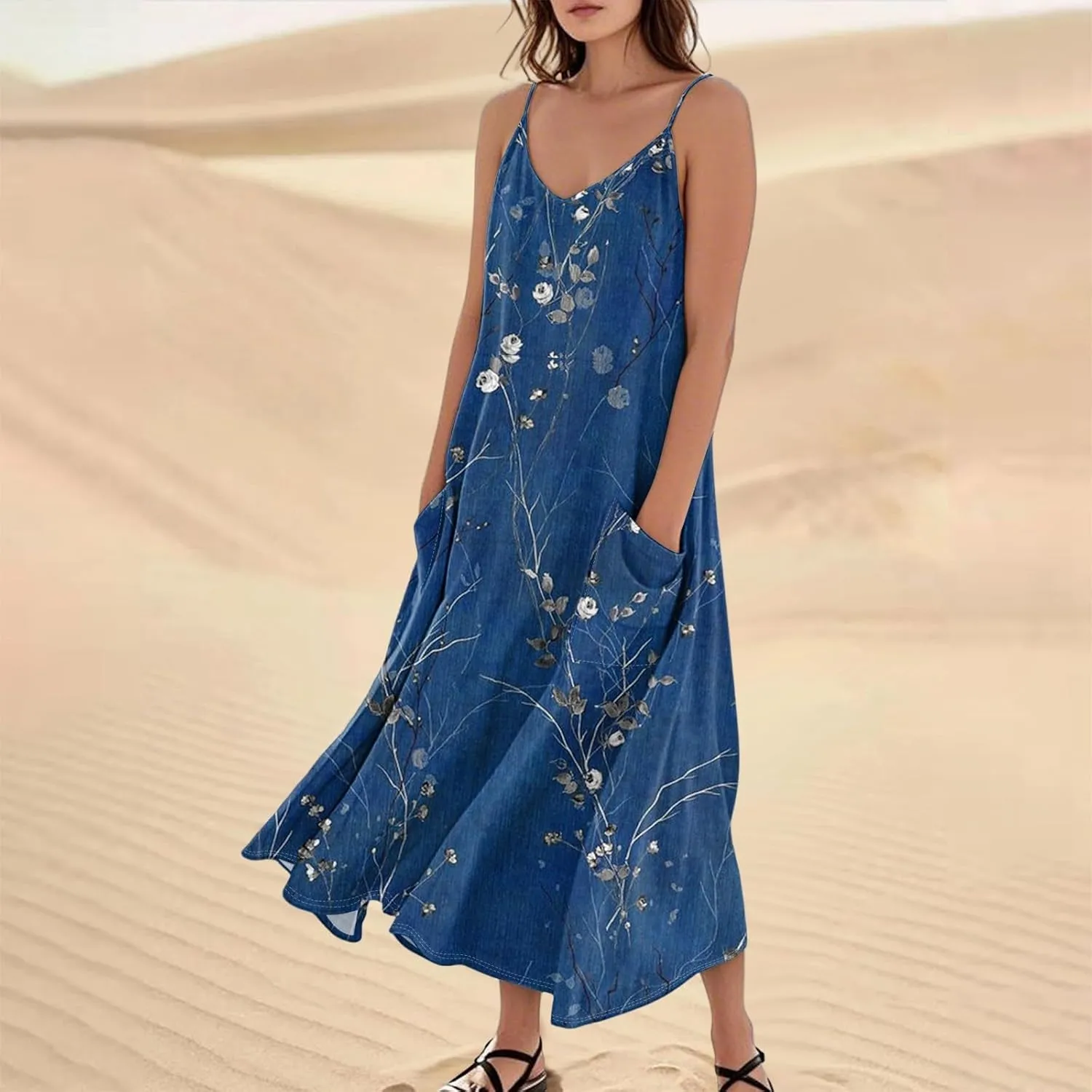 Summer Dresses for Women 2025 Trendy Floral Spaghetti Strap Maxi Sundresses Paisley Print Waist Sleeveless Dress with Pockets