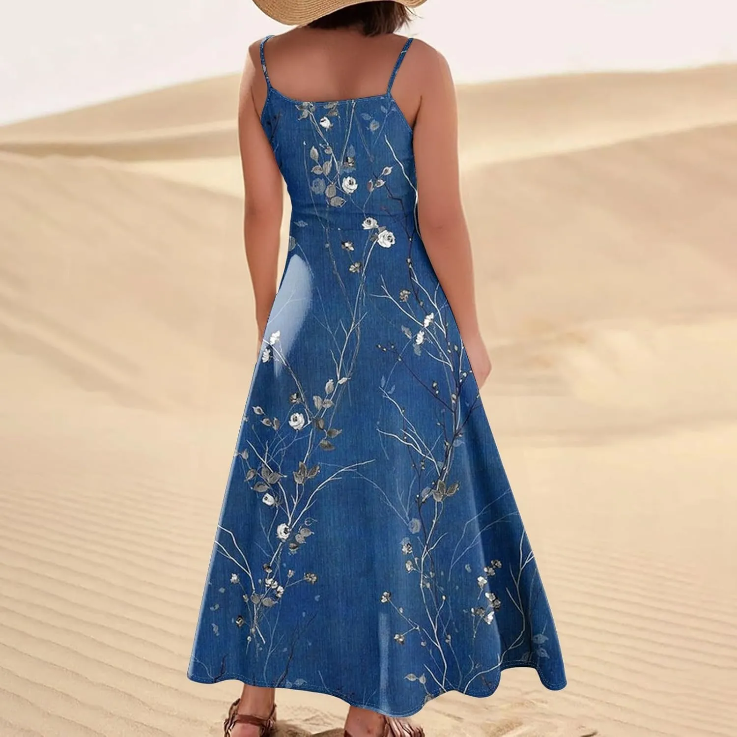 Summer Dresses for Women 2025 Trendy Floral Spaghetti Strap Maxi Sundresses Paisley Print Waist Sleeveless Dress with Pockets