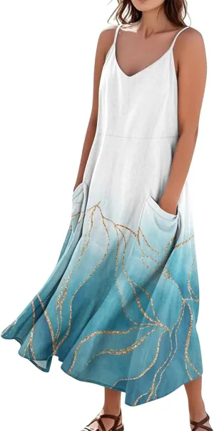 Summer Dresses for Women 2025 Trendy Floral Spaghetti Strap Maxi Sundresses Paisley Print Waist Sleeveless Dress with Pockets