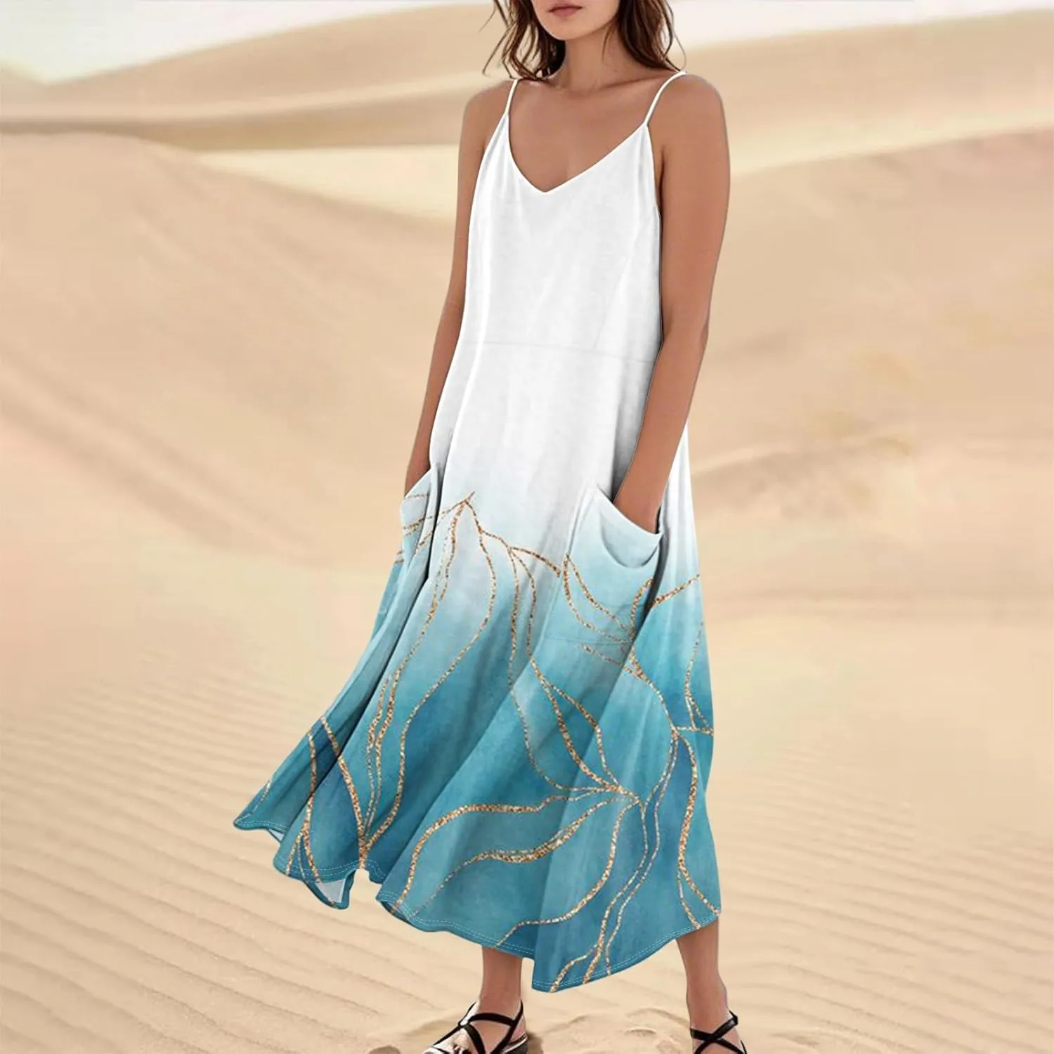 Summer Dresses for Women 2025 Trendy Floral Spaghetti Strap Maxi Sundresses Paisley Print Waist Sleeveless Dress with Pockets