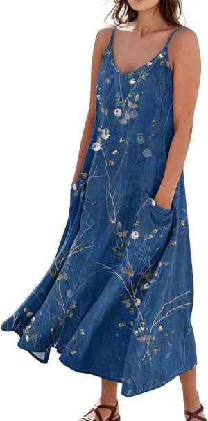 Summer Dresses for Women 2025 Trendy Floral Spaghetti Strap Maxi Sundresses Paisley Print Waist Sleeveless Dress with Pockets
