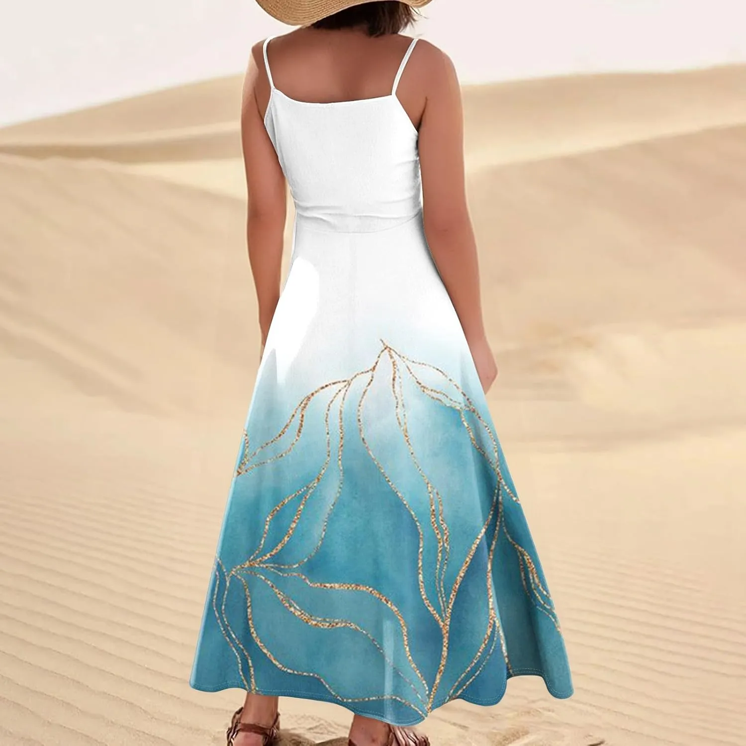 Summer Dresses for Women 2025 Trendy Floral Spaghetti Strap Maxi Sundresses Paisley Print Waist Sleeveless Dress with Pockets