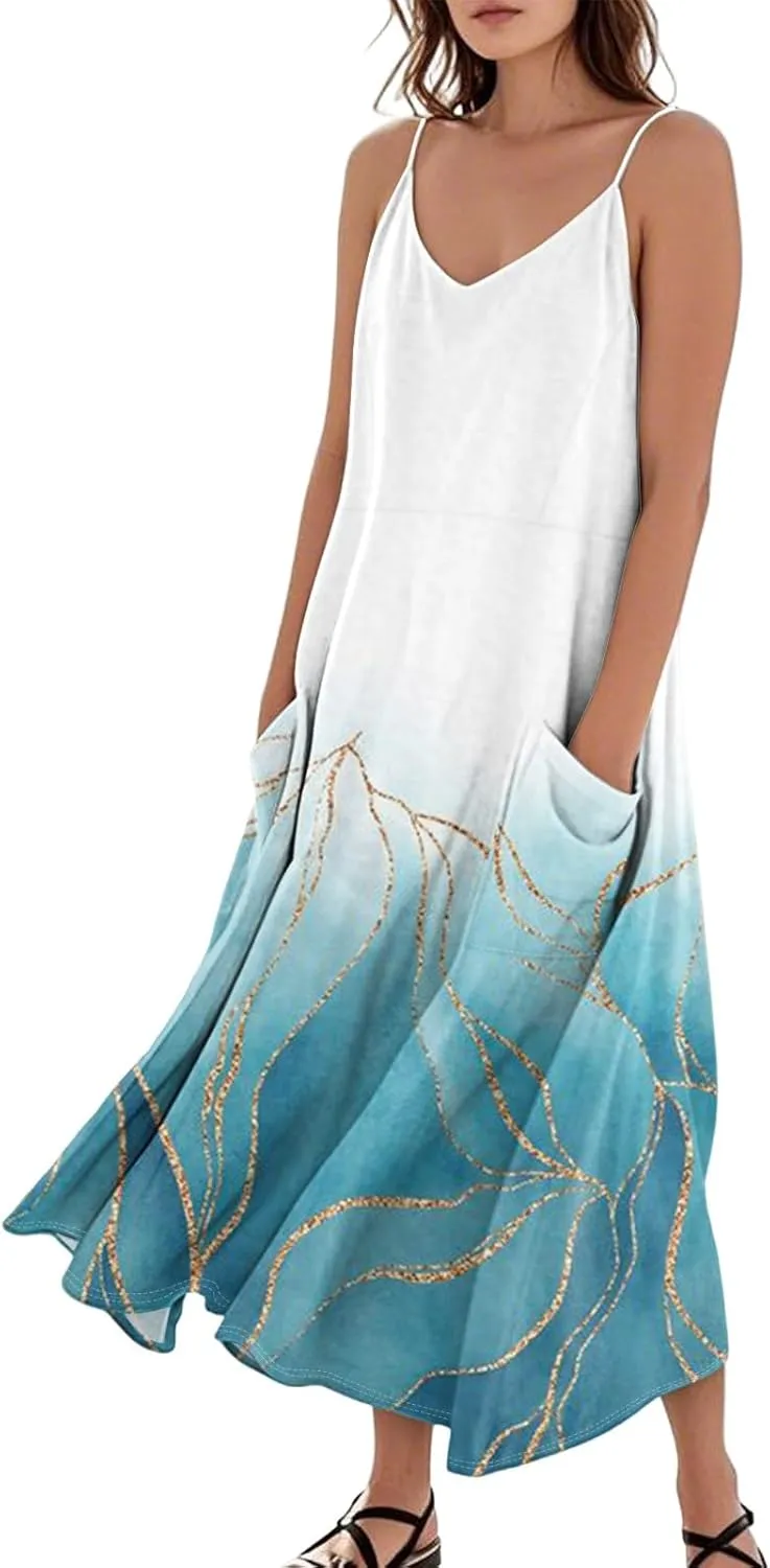 Summer Dresses for Women 2025 Trendy Floral Spaghetti Strap Maxi Sundresses Paisley Print Waist Sleeveless Dress with Pockets