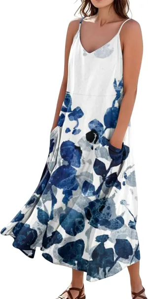 Summer Dresses for Women 2025 Trendy Floral Spaghetti Strap Maxi Sundresses Tropical Paisley Sleeveless Dress with Pockets
