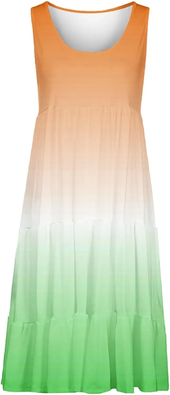 Summer Dresses for Women 2025 Trendy Gradient Boho Vacation Dresses Casual Crew Neck Sleeveless Pleated Sundresses