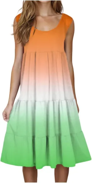Summer Dresses for Women 2025 Trendy Gradient Boho Vacation Dresses Casual Crew Neck Sleeveless Pleated Sundresses