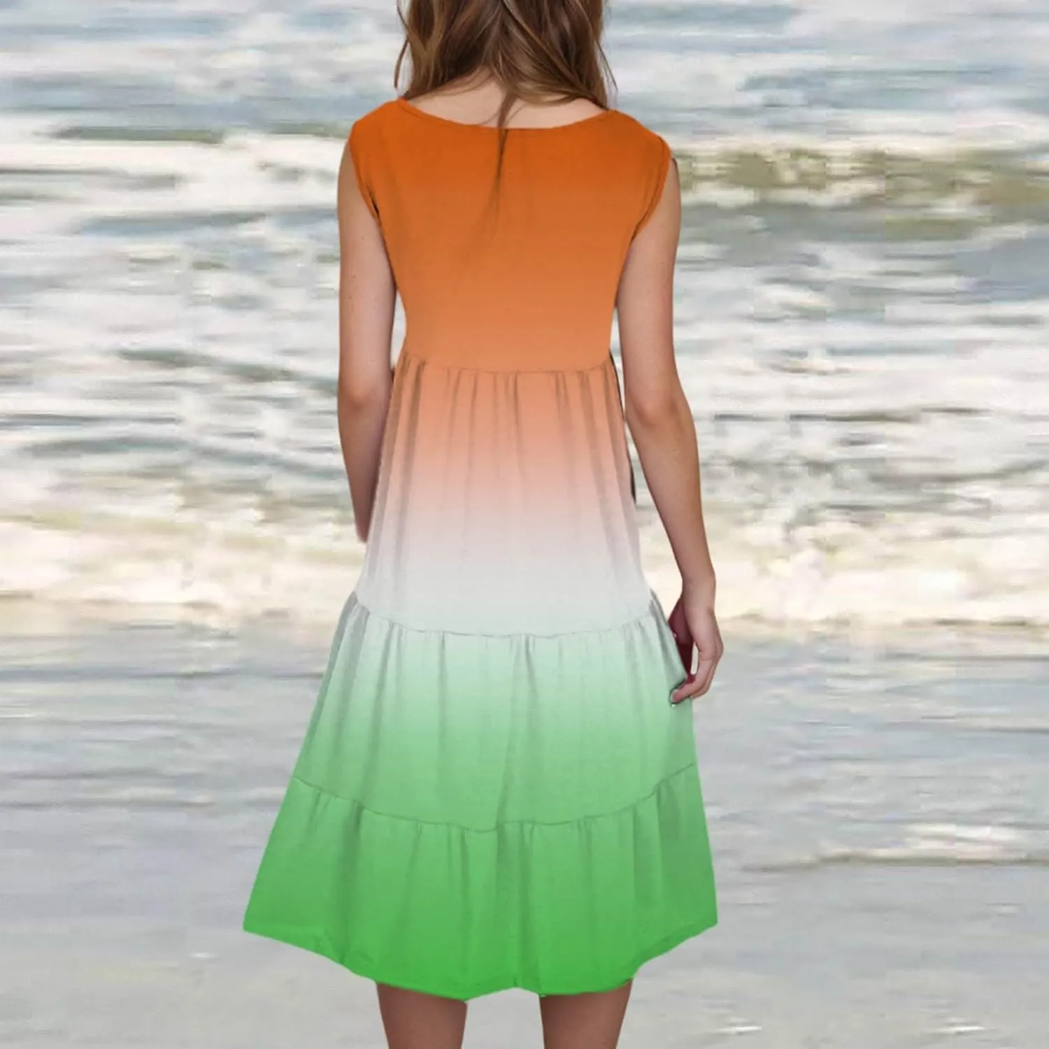 Summer Dresses for Women 2025 Trendy Gradient Boho Vacation Dresses Casual Crew Neck Sleeveless Pleated Sundresses