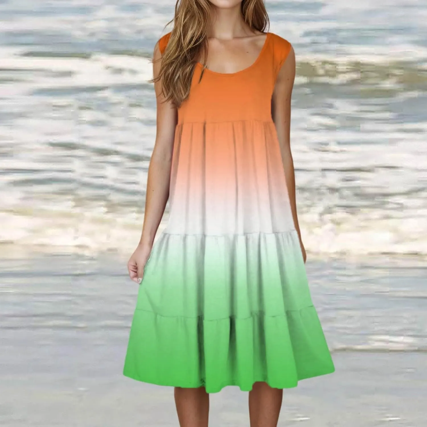 Summer Dresses for Women 2025 Trendy Gradient Boho Vacation Dresses Casual Crew Neck Sleeveless Pleated Sundresses