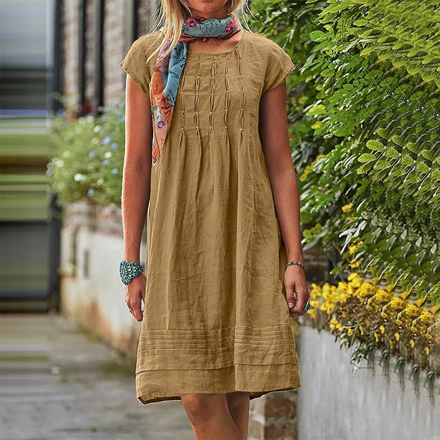 Summer Dresses for Women 2025 Vacation Crew Neck Short Sleeve Pleated Mini Dress Casual Soft Vacation Linen Dresses