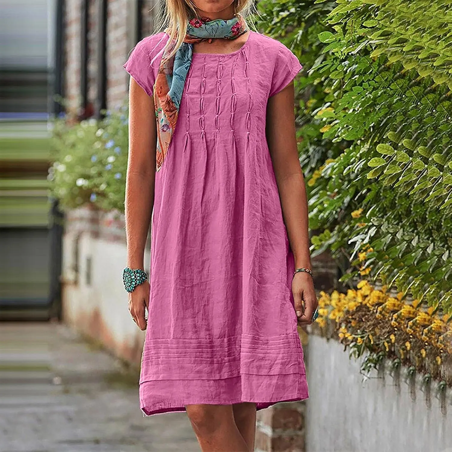 Summer Dresses for Women 2025 Vacation Crew Neck Short Sleeve Pleated Mini Dress Casual Soft Vacation Linen Dresses