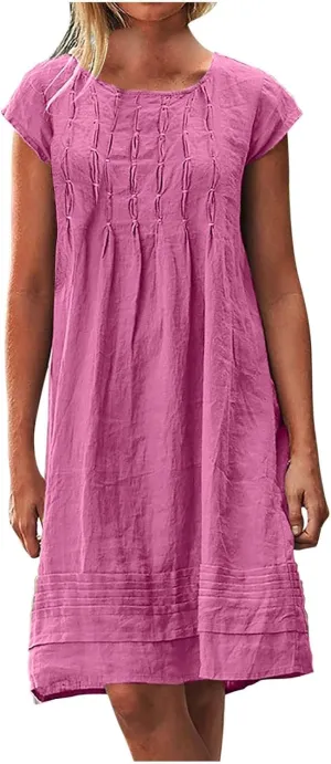 Summer Dresses for Women 2025 Vacation Crew Neck Short Sleeve Pleated Mini Dress Casual Soft Vacation Linen Dresses