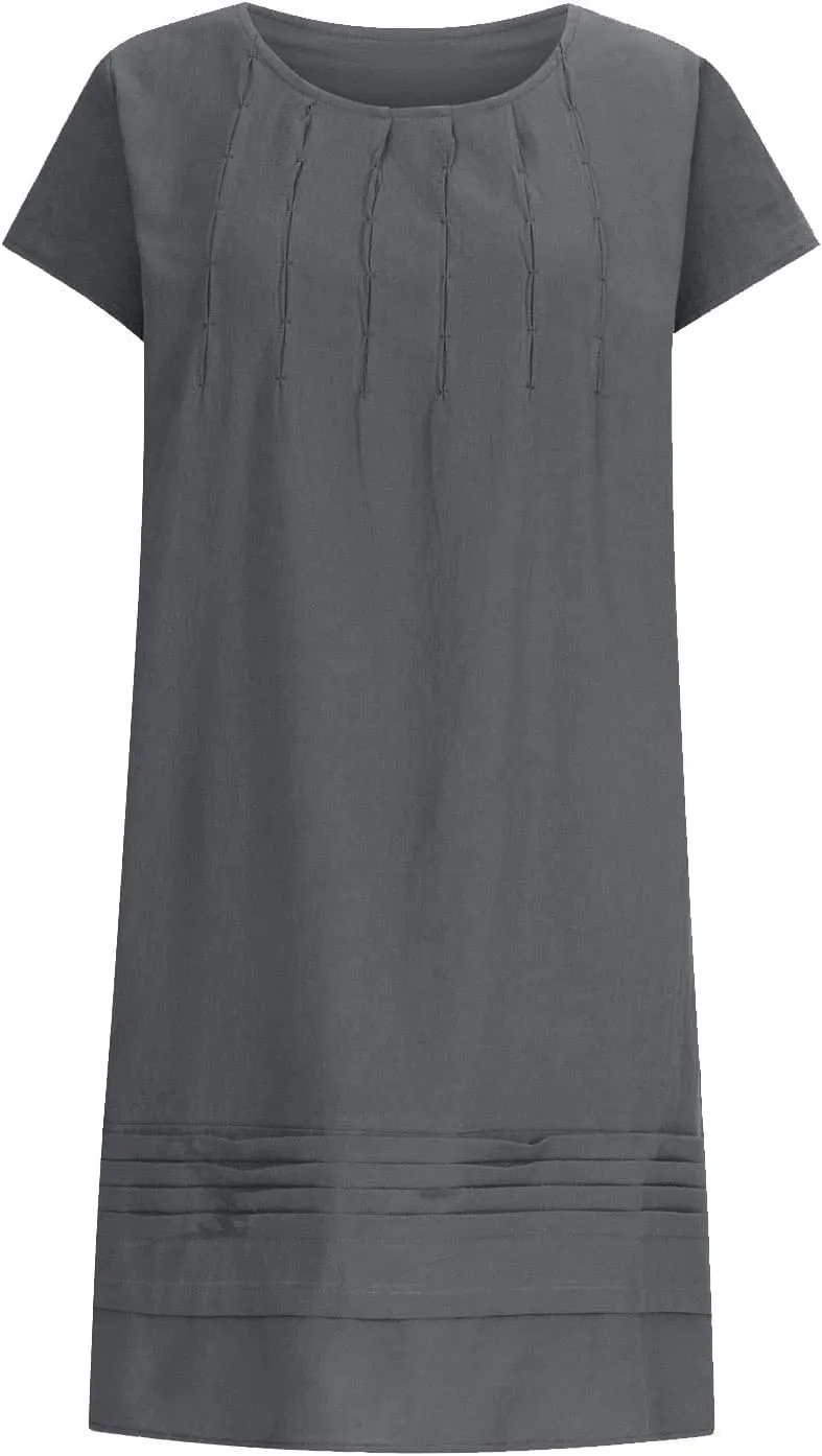 Summer Dresses for Women 2025 Vacation Crew Neck Short Sleeve Pleated Mini Dress Casual Soft Vacation Linen Dresses