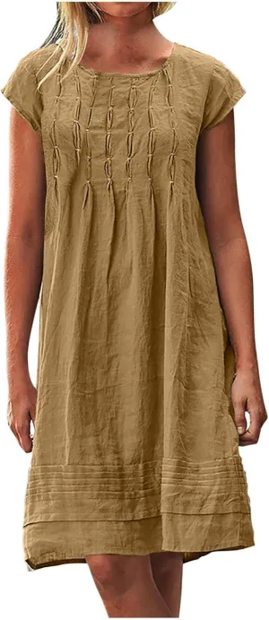 Summer Dresses for Women 2025 Vacation Crew Neck Short Sleeve Pleated Mini Dress Casual Soft Vacation Linen Dresses