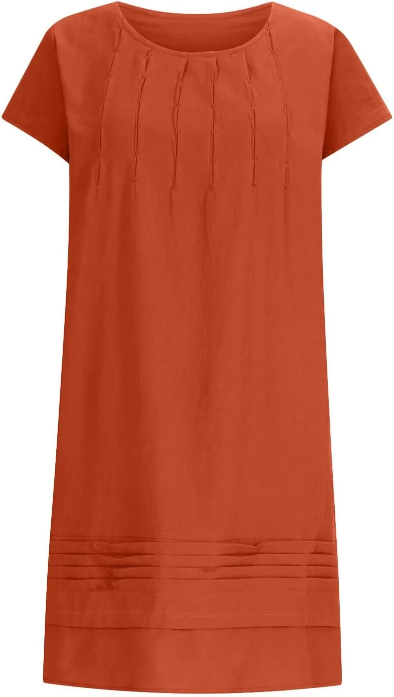 Summer Dresses for Women 2025 Vacation Crew Neck Short Sleeve Pleated Mini Dress Casual Soft Vacation Linen Dresses