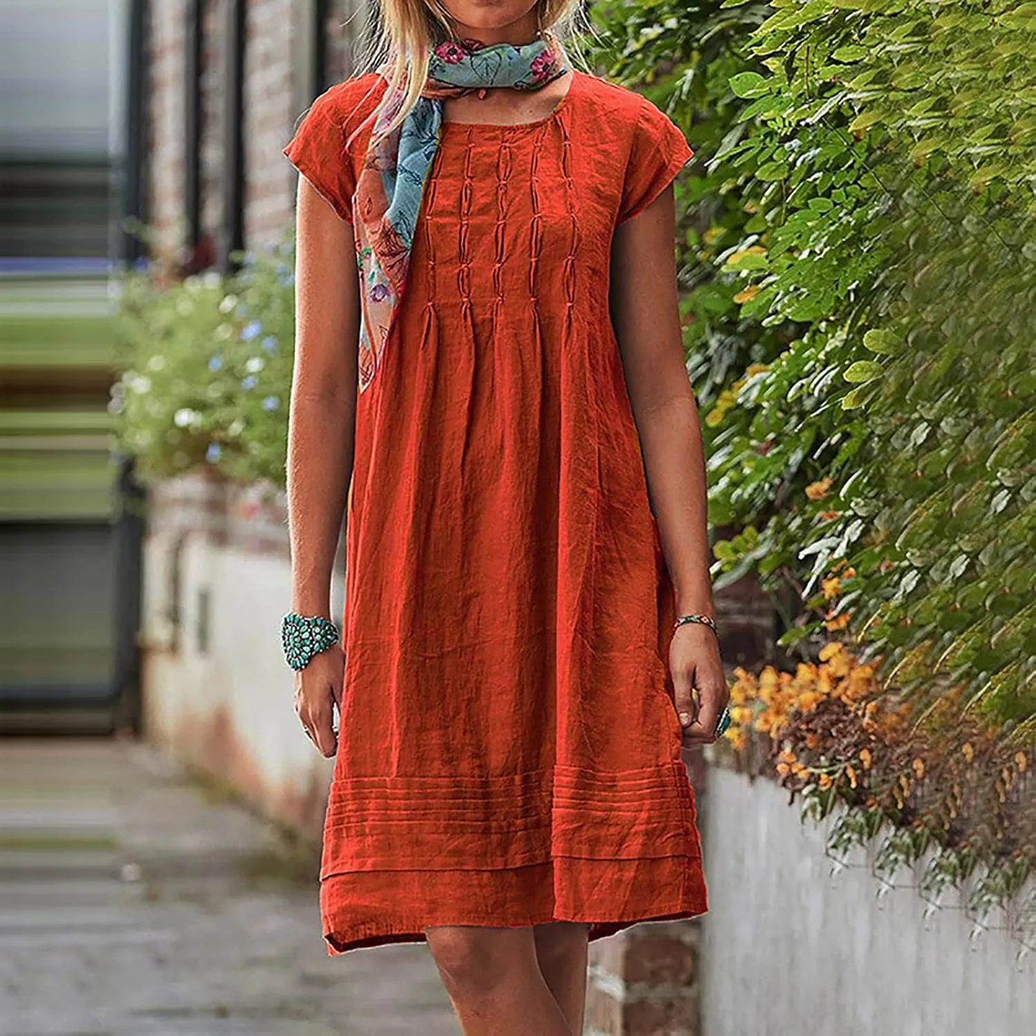 Summer Dresses for Women 2025 Vacation Crew Neck Short Sleeve Pleated Mini Dress Casual Soft Vacation Linen Dresses