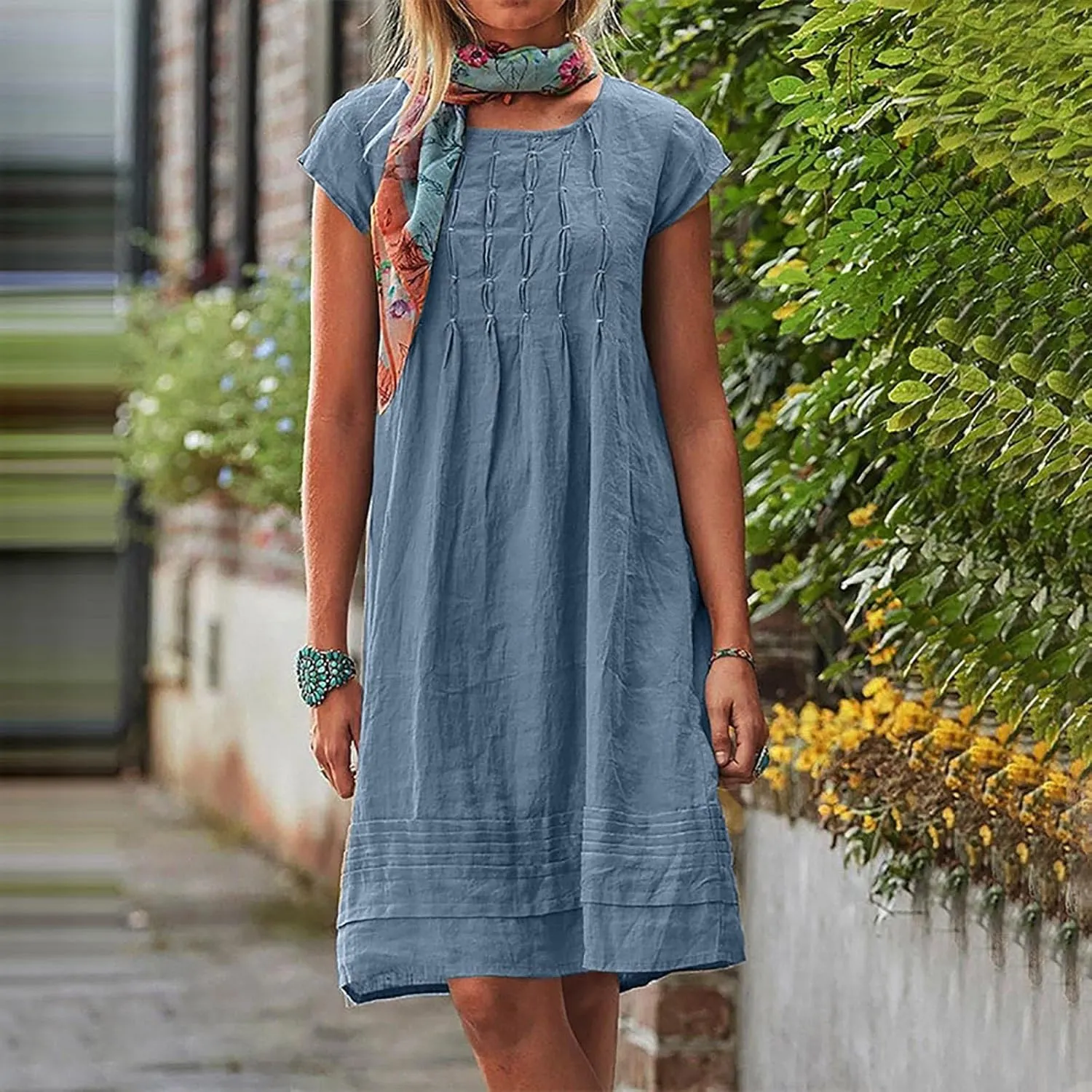 Summer Dresses for Women 2025 Vacation Crew Neck Short Sleeve Pleated Mini Dress Casual Soft Vacation Linen Dresses