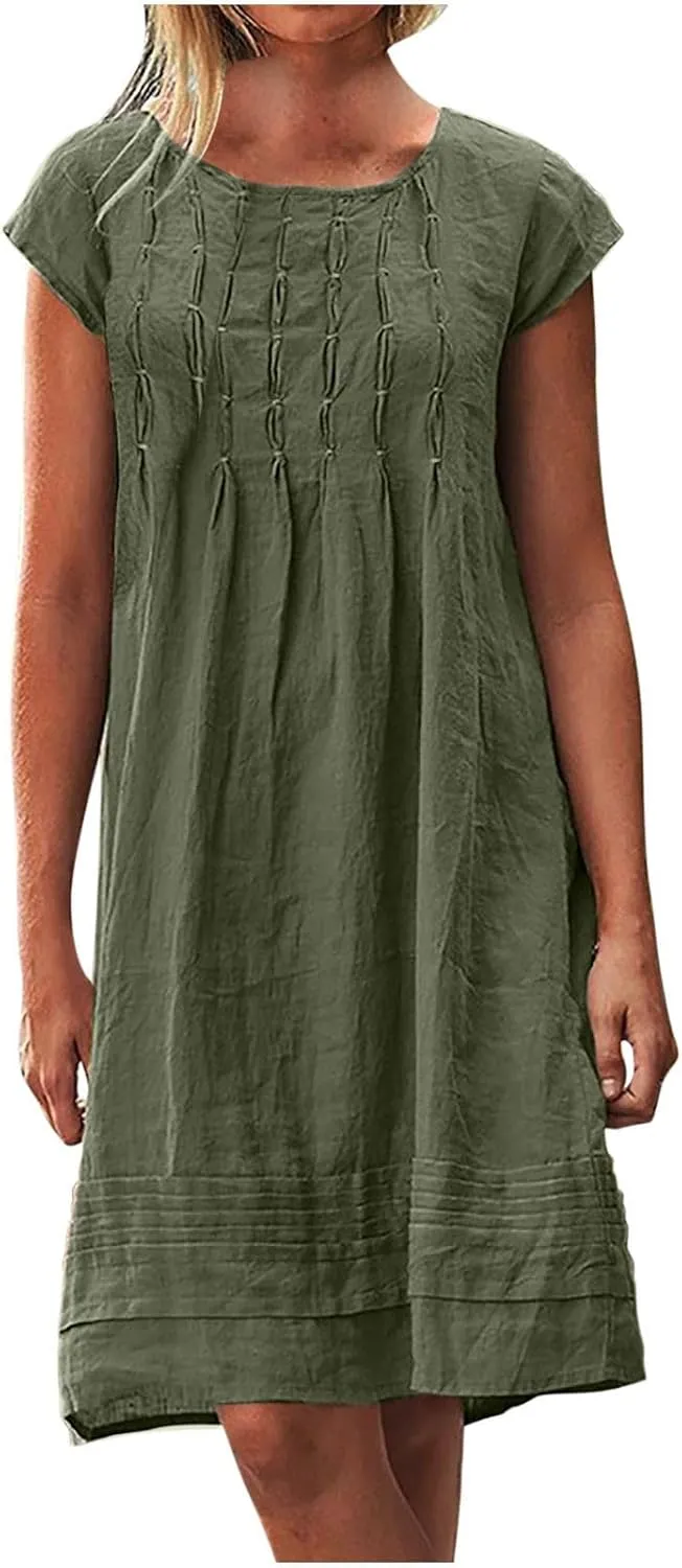 Summer Dresses for Women 2025 Vacation Crew Neck Short Sleeve Pleated Mini Dress Casual Soft Vacation Linen Dresses