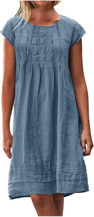 Summer Dresses for Women 2025 Vacation Crew Neck Short Sleeve Pleated Mini Dress Casual Soft Vacation Linen Dresses