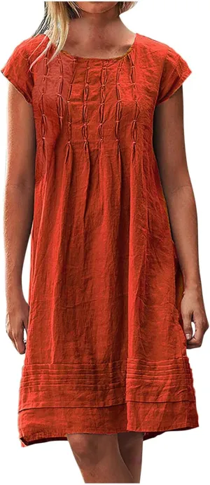 Summer Dresses for Women 2025 Vacation Crew Neck Short Sleeve Pleated Mini Dress Casual Soft Vacation Linen Dresses