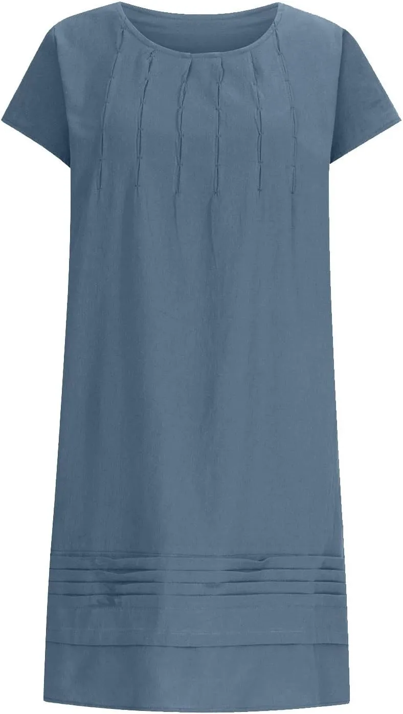 Summer Dresses for Women 2025 Vacation Crew Neck Short Sleeve Pleated Mini Dress Casual Soft Vacation Linen Dresses