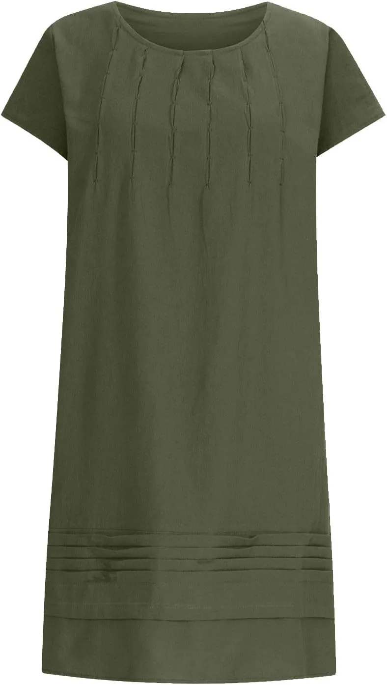 Summer Dresses for Women 2025 Vacation Crew Neck Short Sleeve Pleated Mini Dress Casual Soft Vacation Linen Dresses