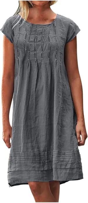 Summer Dresses for Women 2025 Vacation Crew Neck Short Sleeve Pleated Mini Dress Casual Soft Vacation Linen Dresses