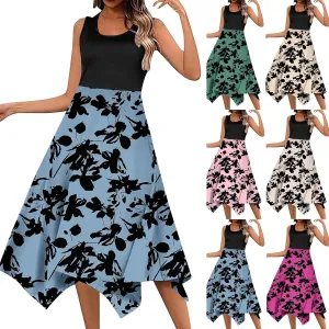 Summer Dresses for Women Sleeveless 2025 Patchwork Boho Dress Floral Flowy U Neck Tank A Line Vacation Midi Sundress