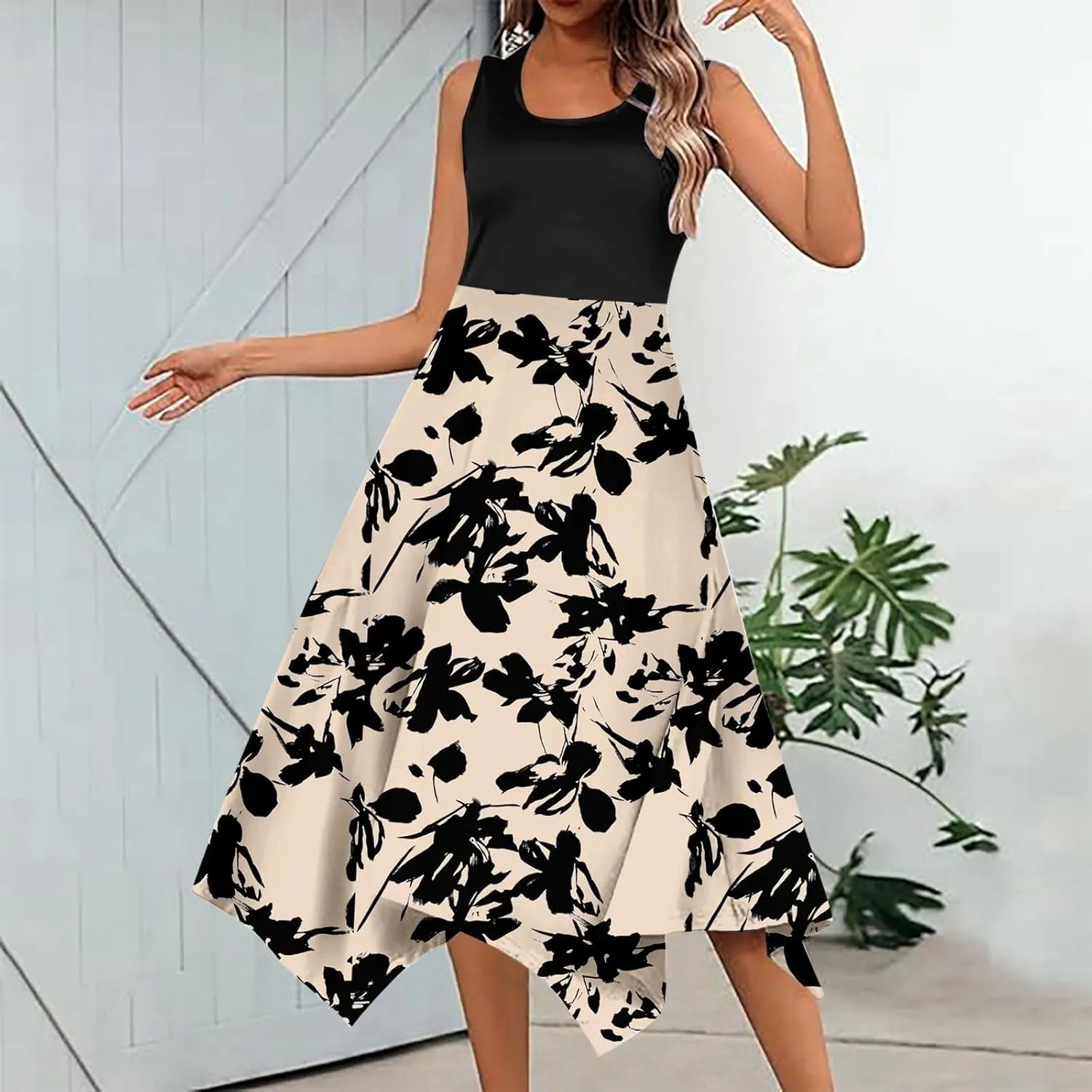 Summer Dresses for Women Sleeveless 2025 Patchwork Boho Dress Floral Flowy U Neck Tank A Line Vacation Midi Sundress