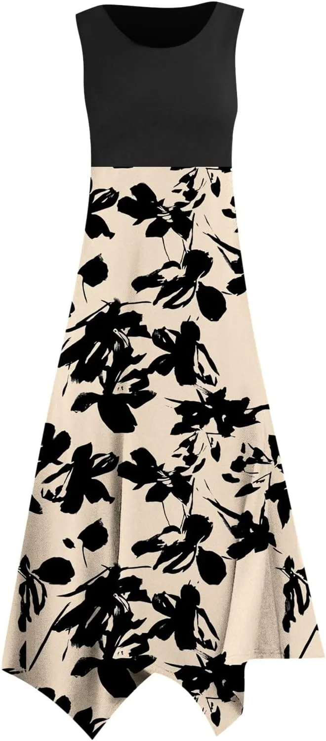 Summer Dresses for Women Sleeveless 2025 Patchwork Boho Dress Floral Flowy U Neck Tank A Line Vacation Midi Sundress