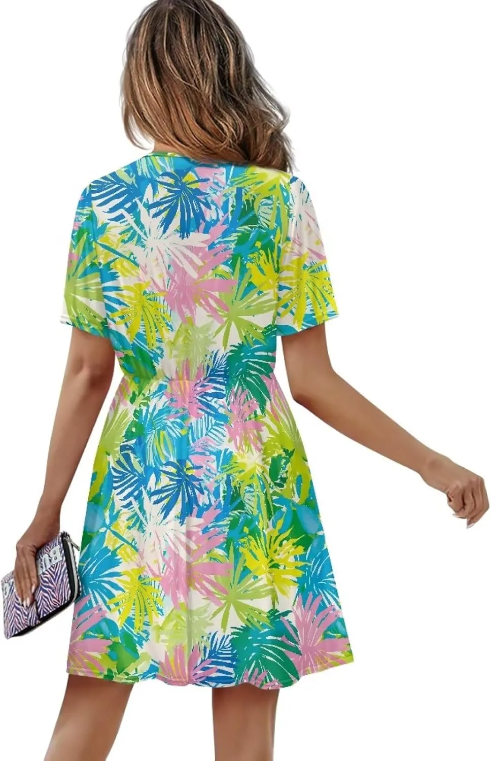 Summer Dresses for Women V-Neck Short Sleeve Flowy Tshirt Dress for Vacation Traveling