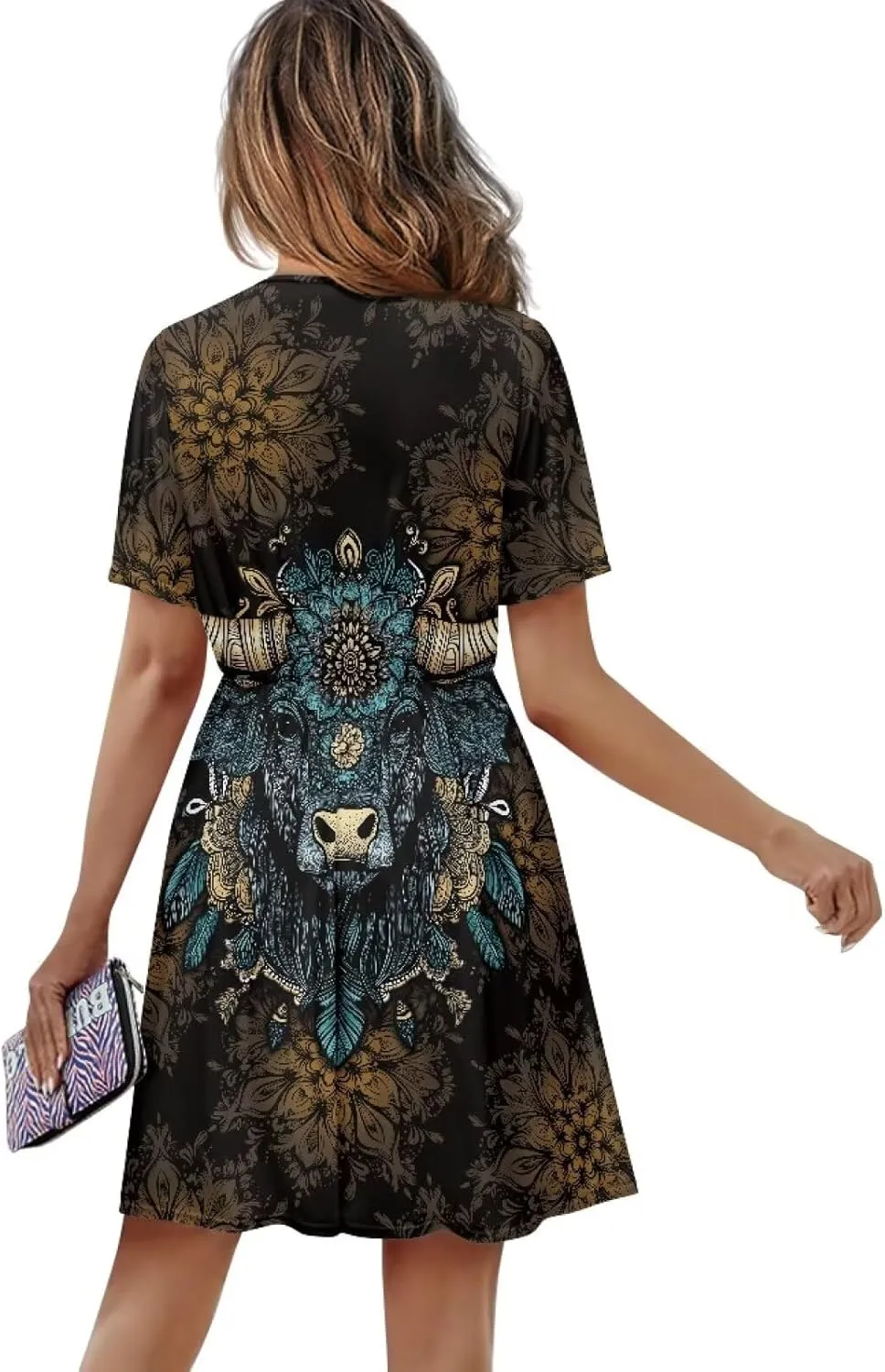 Summer Dresses for Women V-Neck Short Sleeve Flowy Tshirt Dress for Vacation Traveling