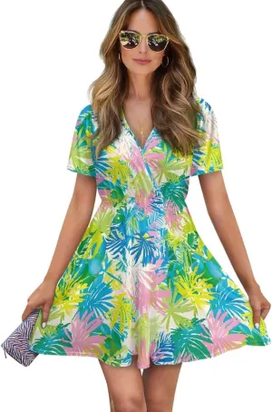 Summer Dresses for Women V-Neck Short Sleeve Flowy Tshirt Dress for Vacation Traveling