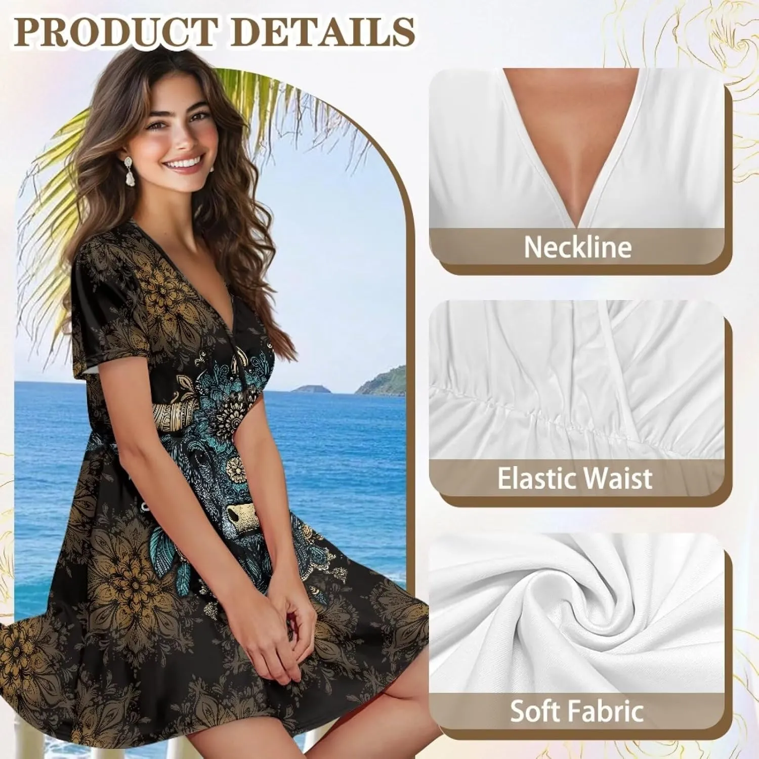Summer Dresses for Women V-Neck Short Sleeve Flowy Tshirt Dress for Vacation Traveling