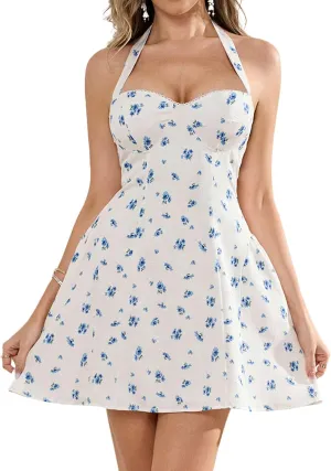 Summer Floral Mini Dress for Women Halter Tie Flowy Corset Sundress Short Vacation Dresses