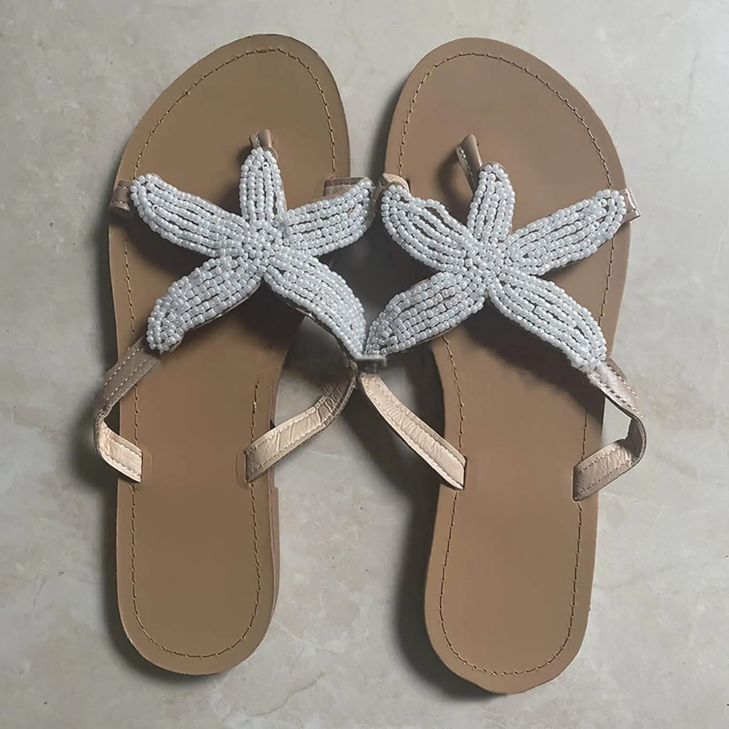 Summer Sunset Flip Flops for Women Trendy Beaded Starfish Flat Sandals Comfortable Flats Resort Wear Sandal