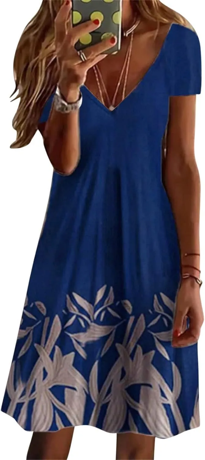 Sun Dresses for Women 2025 Vacation Vintage Printed Beach Midi Dresses Casual Deep V Neck Short Sleeve Maxi Dress