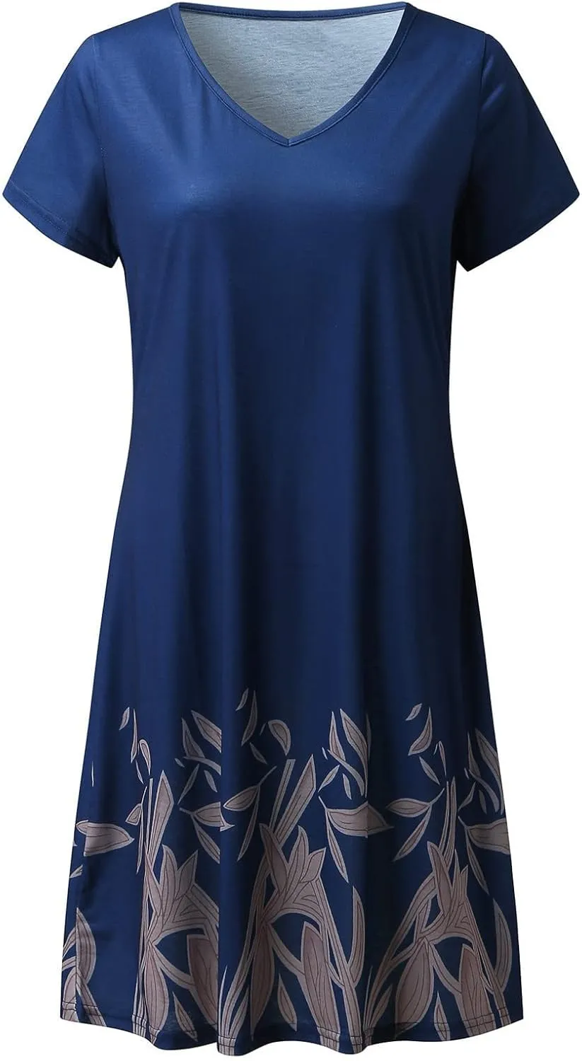 Sun Dresses for Women 2025 Vacation Vintage Printed Beach Midi Dresses Casual Deep V Neck Short Sleeve Maxi Dress