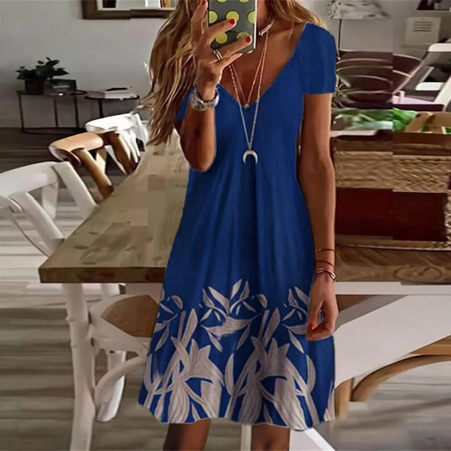 Sun Dresses for Women 2025 Vacation Vintage Printed Beach Midi Dresses Casual Deep V Neck Short Sleeve Maxi Dress