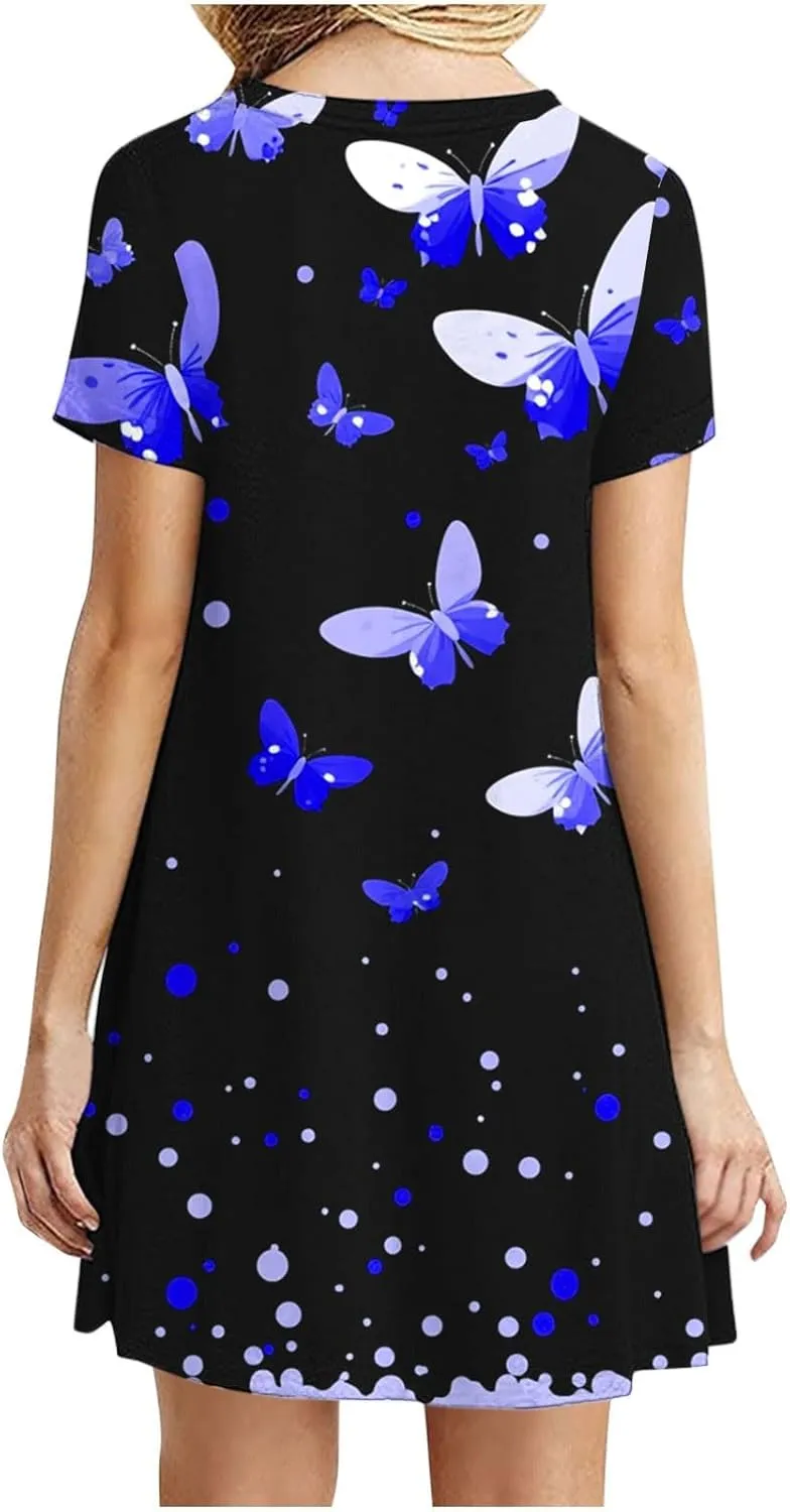 Sundresses for Women 2025 Summer Crewneck Short Sleeve Midi Dresses Casual Vacation Vintage Printed Boho Dresses