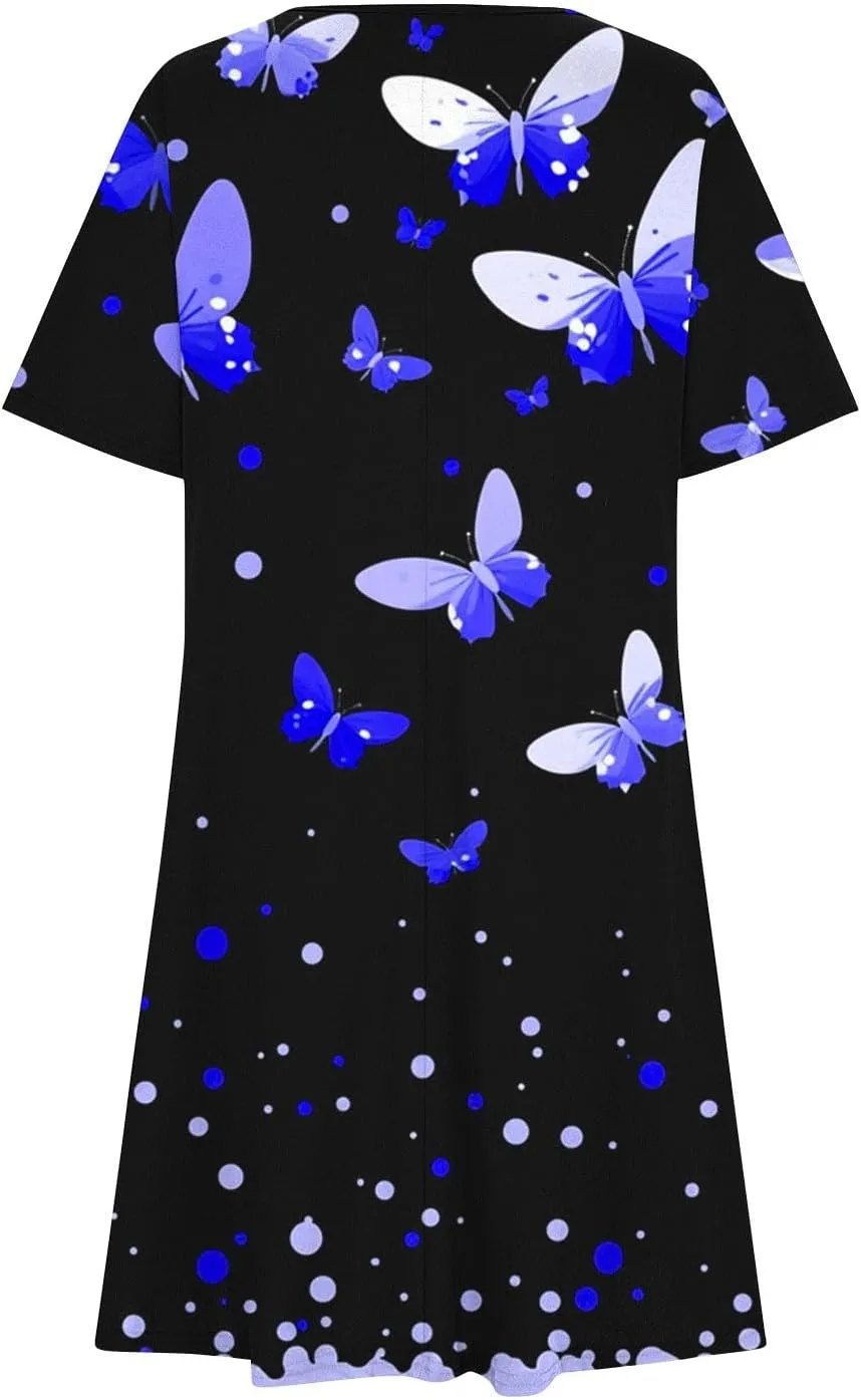 Sundresses for Women 2025 Summer Crewneck Short Sleeve Midi Dresses Casual Vacation Vintage Printed Boho Dresses