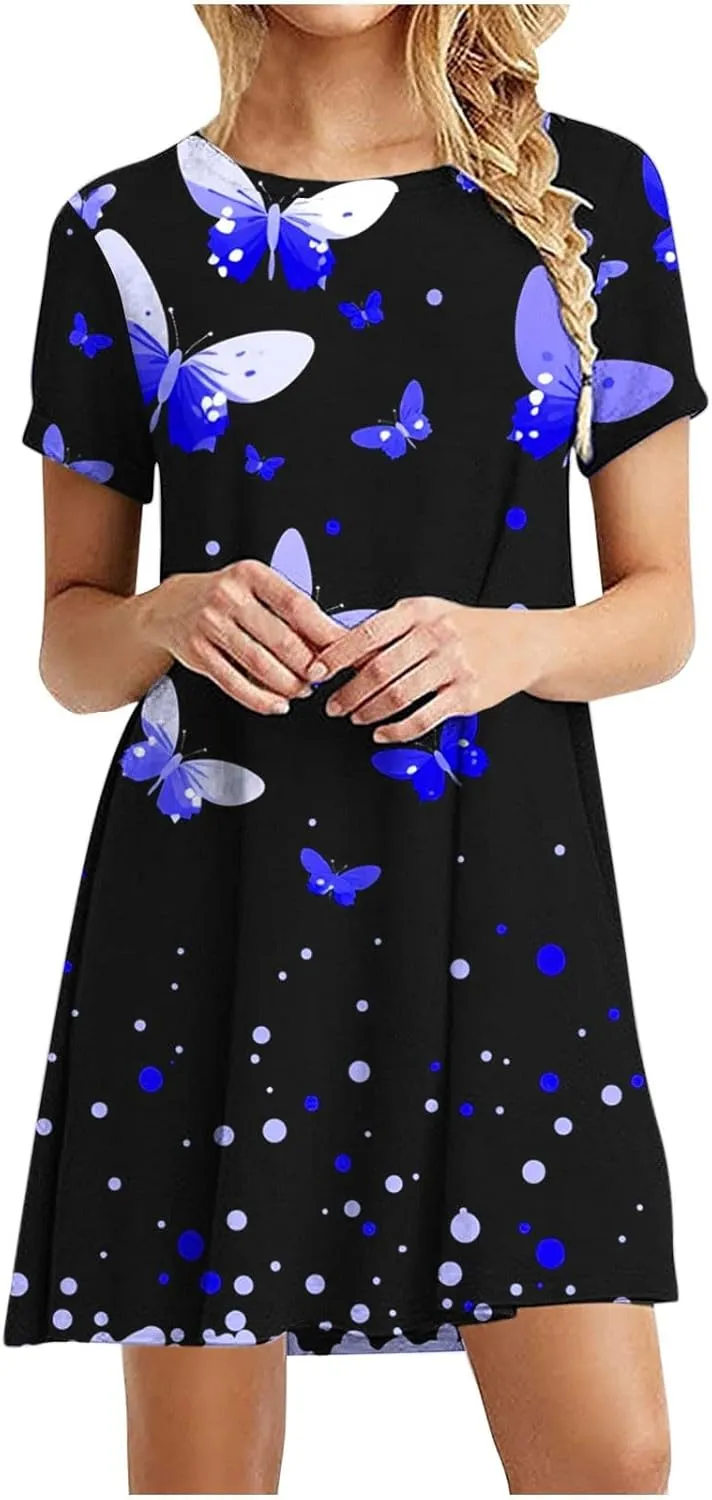 Sundresses for Women 2025 Summer Crewneck Short Sleeve Midi Dresses Casual Vacation Vintage Printed Boho Dresses