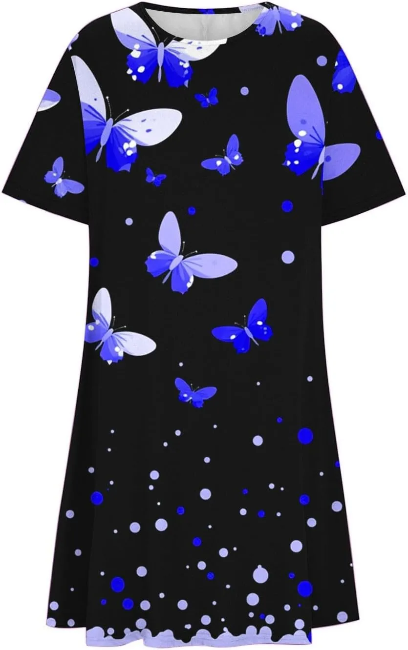 Sundresses for Women 2025 Summer Crewneck Short Sleeve Midi Dresses Casual Vacation Vintage Printed Boho Dresses