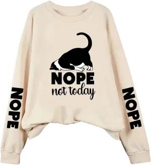 SweatyRocks Women's Cat Letter Graphic Sweatshirt Thermal Lined Long Sleeve Crew Neck Pullover Tops