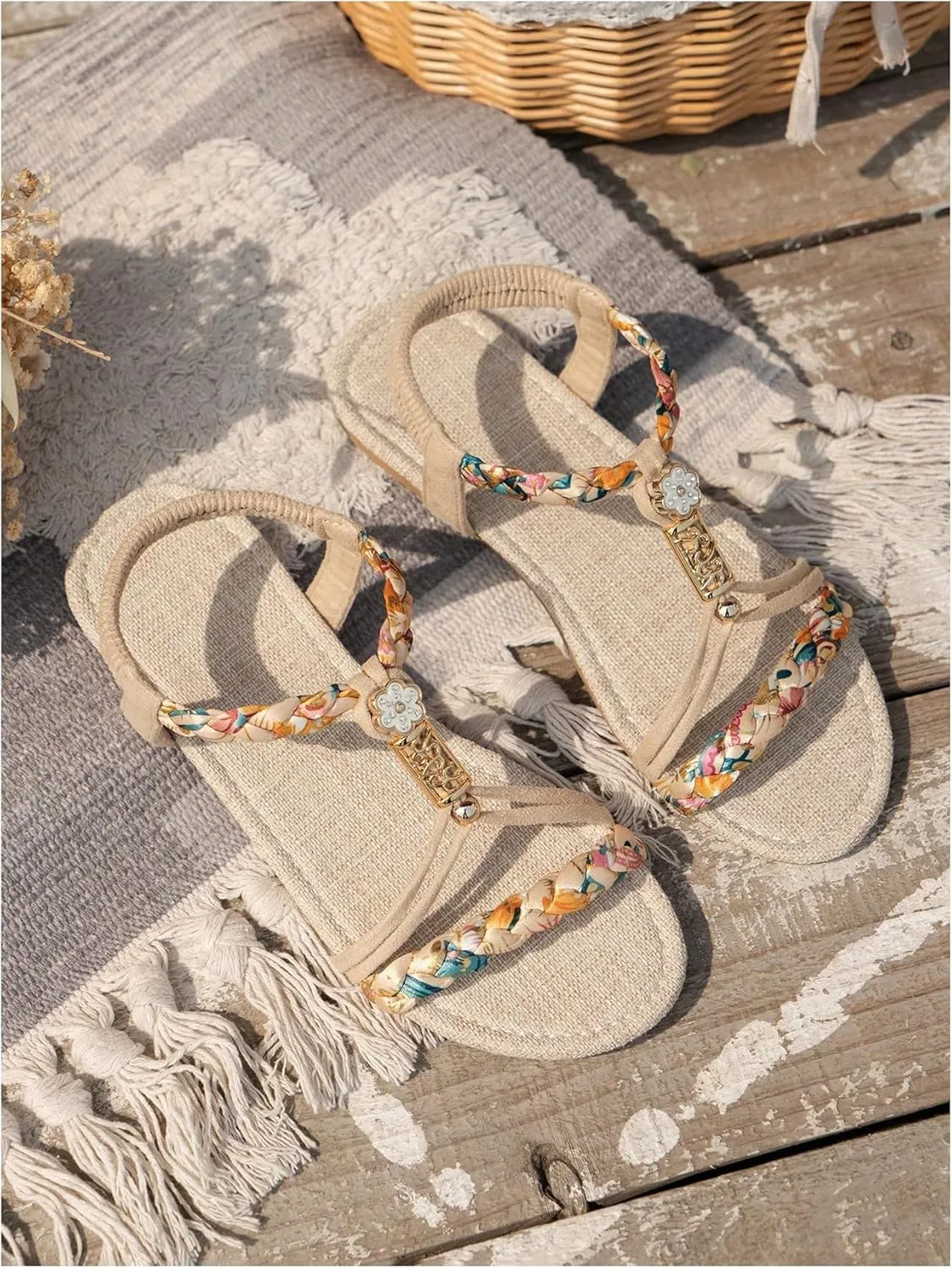 SweatyRocks Women's Floral Print Braided Flat Sandals Open Toe Ankle Strap Boho Vacation Sandals