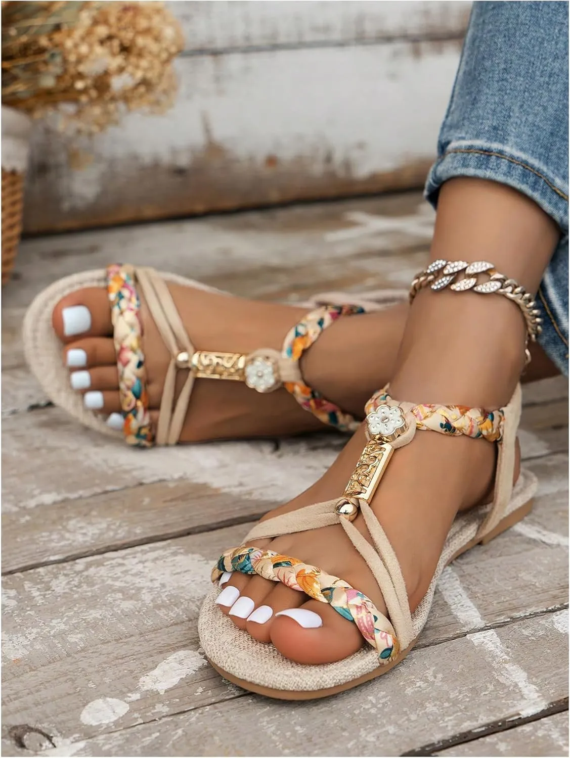 SweatyRocks Women's Floral Print Braided Flat Sandals Open Toe Ankle Strap Boho Vacation Sandals