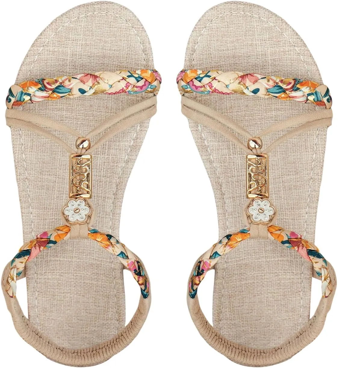 SweatyRocks Women's Floral Print Braided Flat Sandals Open Toe Ankle Strap Boho Vacation Sandals