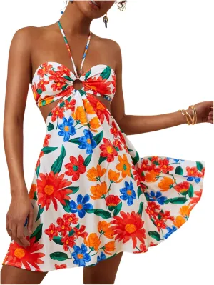 SweatyRocks Women's Floral Print Cut Out Sleeveless Halter Mini Dress Holiday Flowy Vacation Dresses