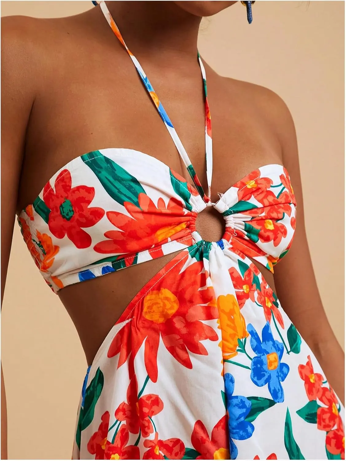SweatyRocks Women's Floral Print Cut Out Sleeveless Halter Mini Dress Holiday Flowy Vacation Dresses