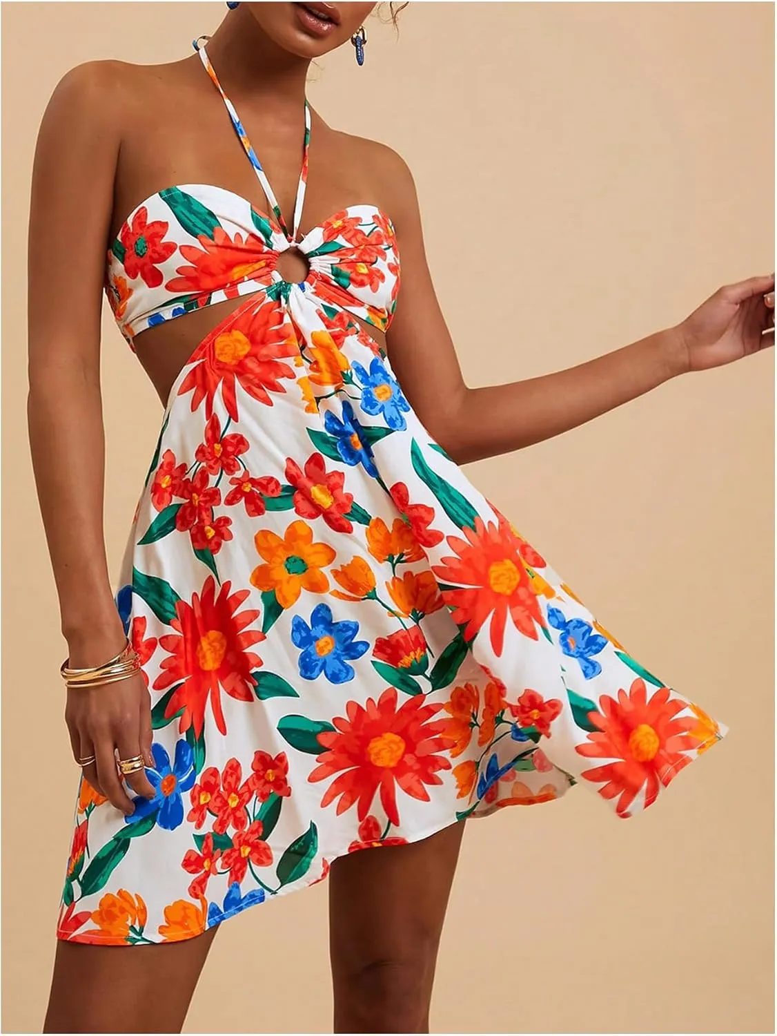 SweatyRocks Women's Floral Print Cut Out Sleeveless Halter Mini Dress Holiday Flowy Vacation Dresses