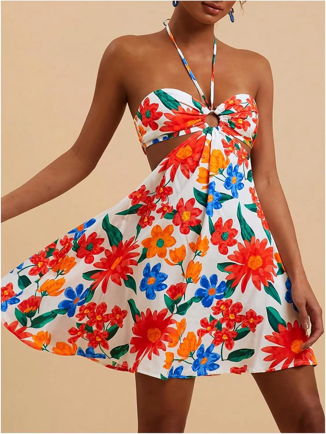 SweatyRocks Women's Floral Print Cut Out Sleeveless Halter Mini Dress Holiday Flowy Vacation Dresses